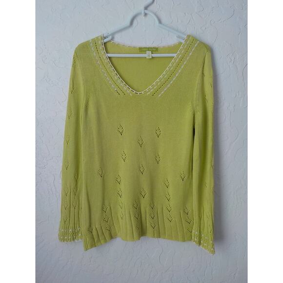 Sigrid Olsen Green Silk Knit V-Neck Sweater Crochet n Ribbon Accent Women Small - Picture 8 of 12